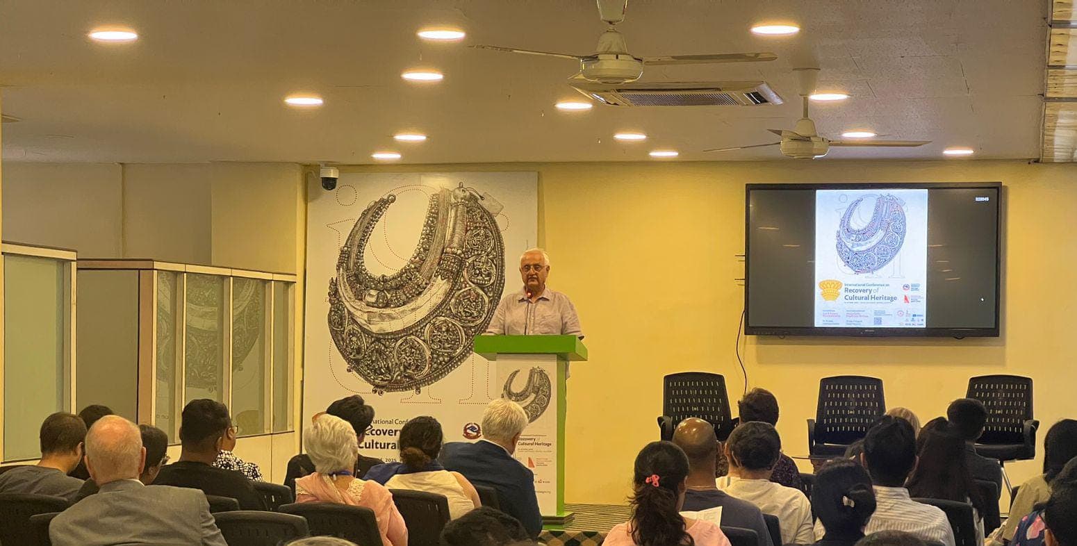 A speaker addresses an audience during the International Conference on Recovery of Cultural Heritage at the Sajha Southasia Centre.