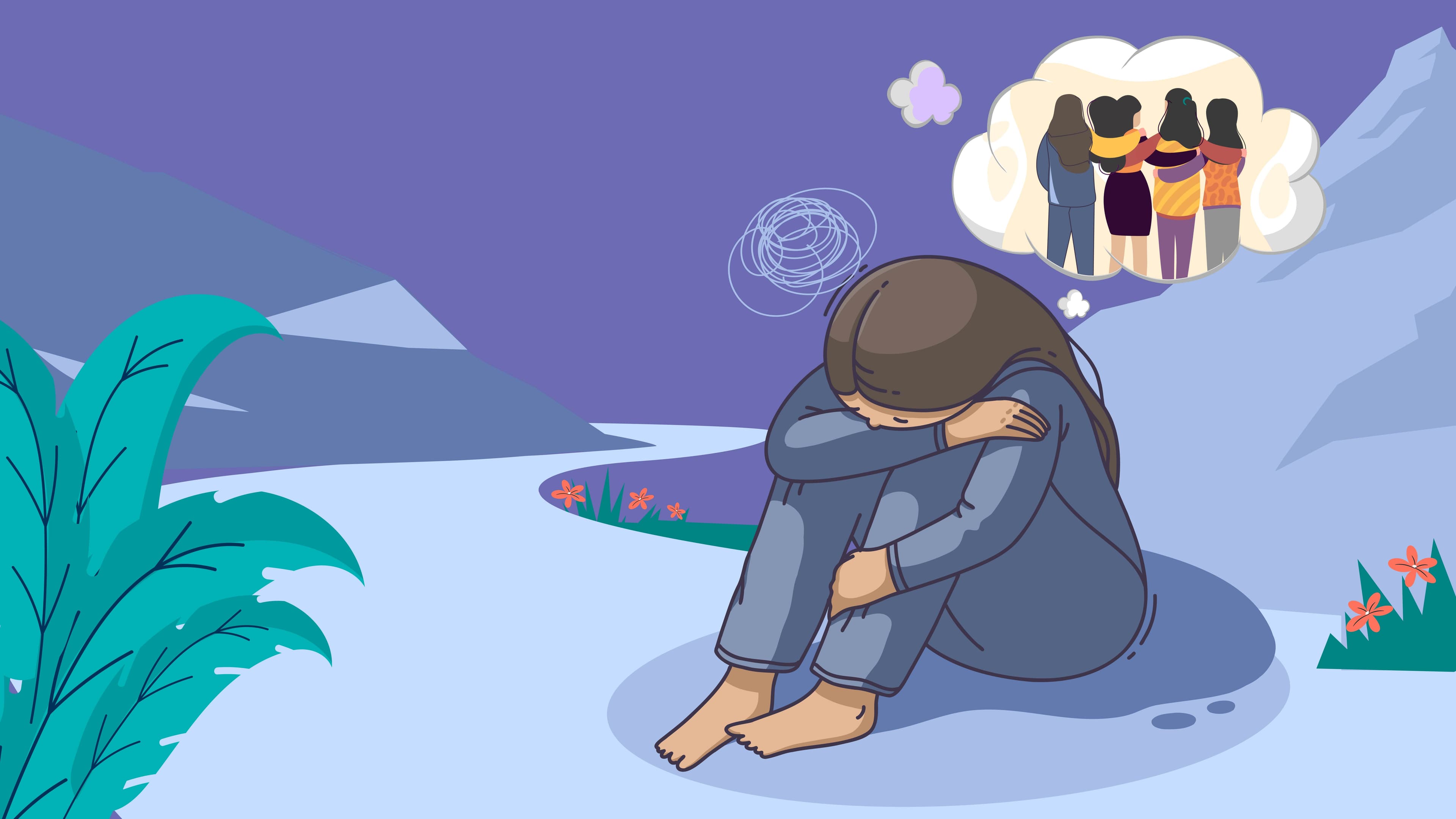 Illustration of a sad person sitting alone with their head in their knees, while a thought bubble above them shows a group of happy people.