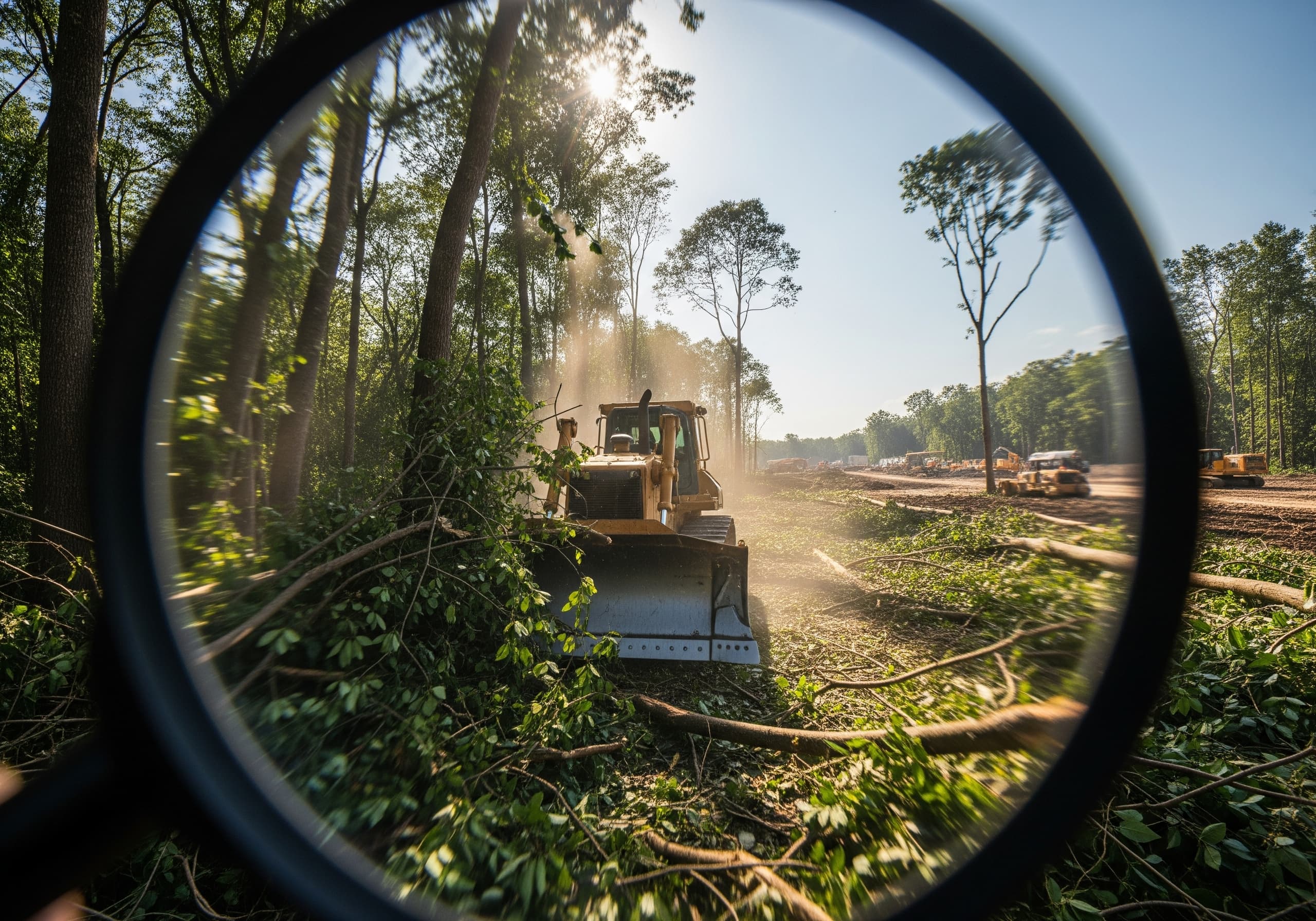 An AI-generated image of a POV shot through a magnifying glass shows a bulldozer clearing a forest for construction.