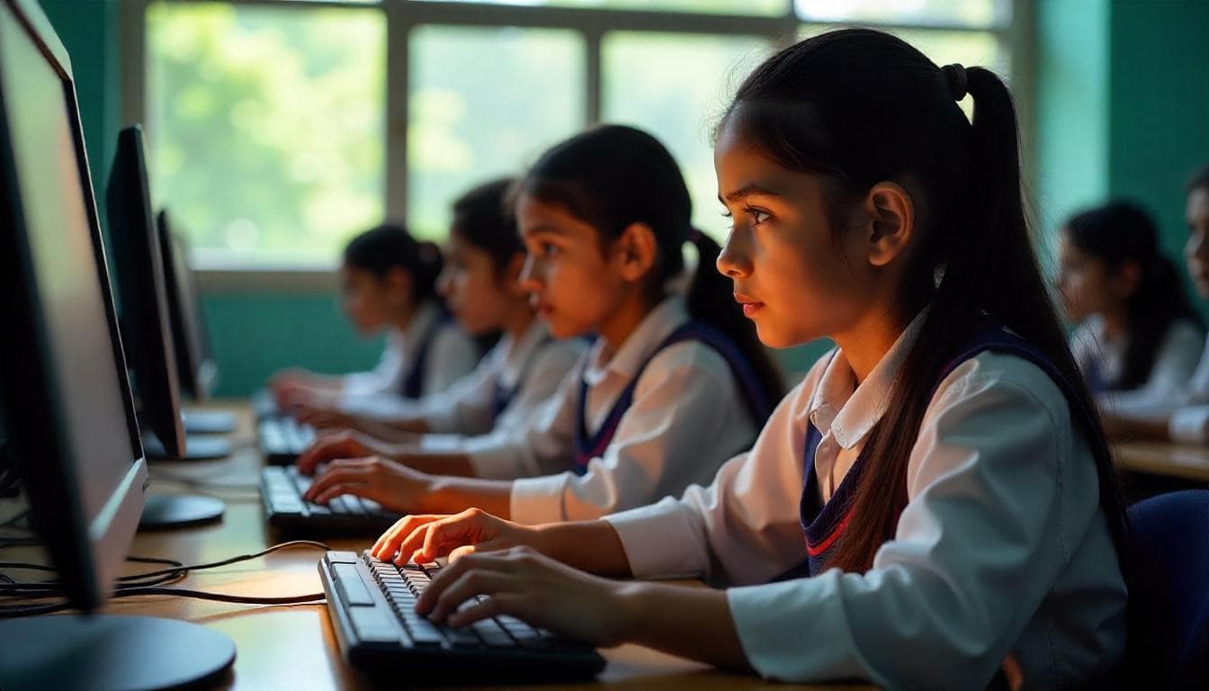 AI generated image of young girls in school dress using computer.