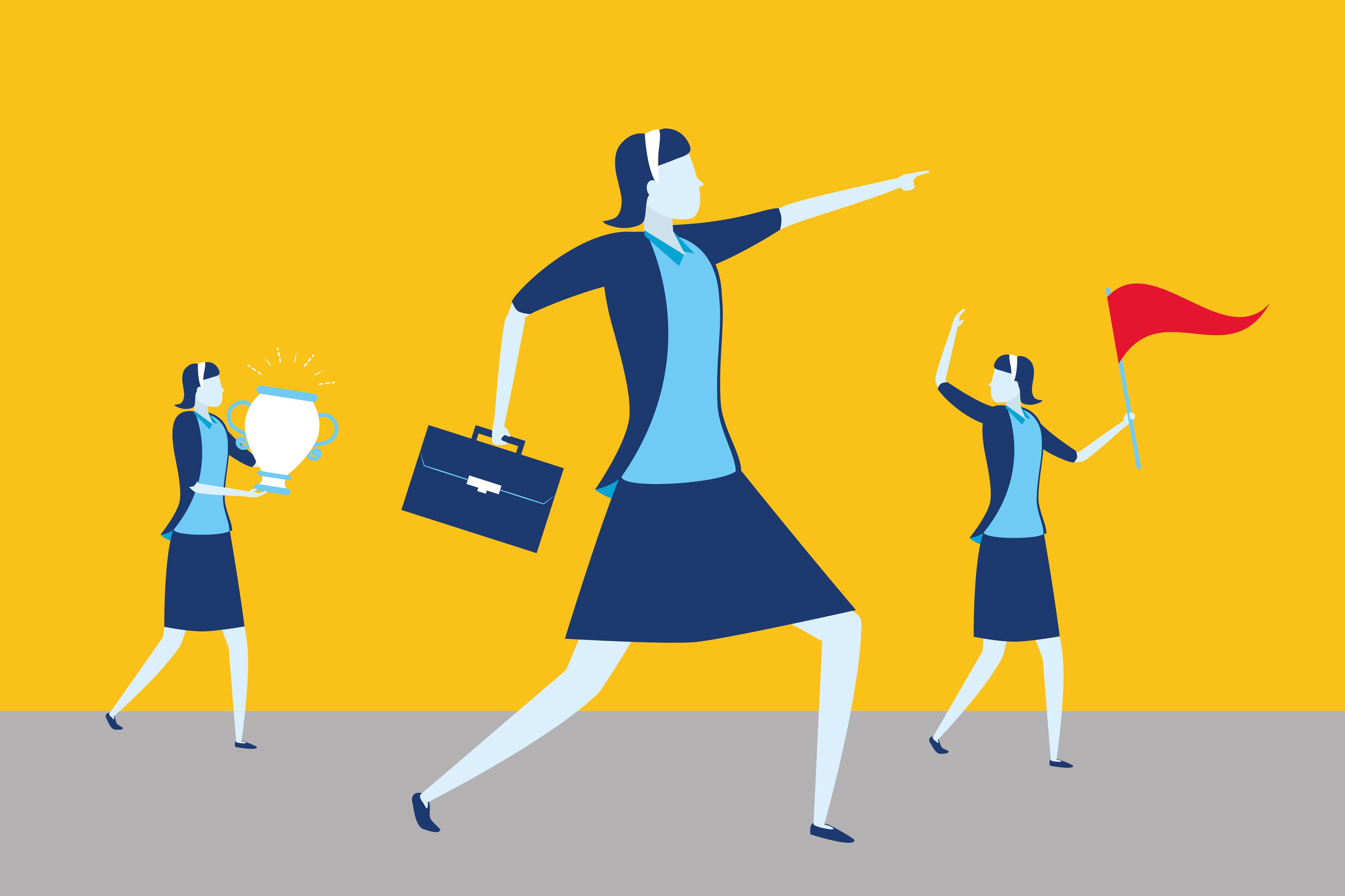 Representational illustration of three stylized women in professional attire, with a large central figure pointing forward, while two smaller figures follow, one holding a trophy and the other waving a red flag, all against a bright yellow background.