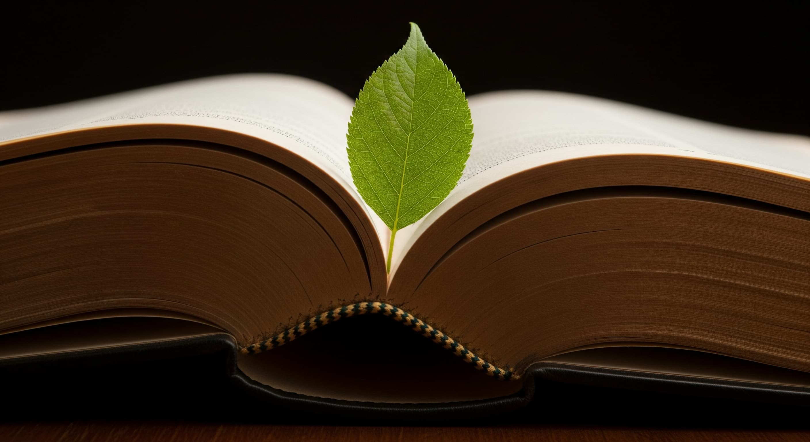 A close-up of an open, aged law book with a single vibrant green leaf emerging from its spine. The book's pages are parchment color, and its binding is dark leather.