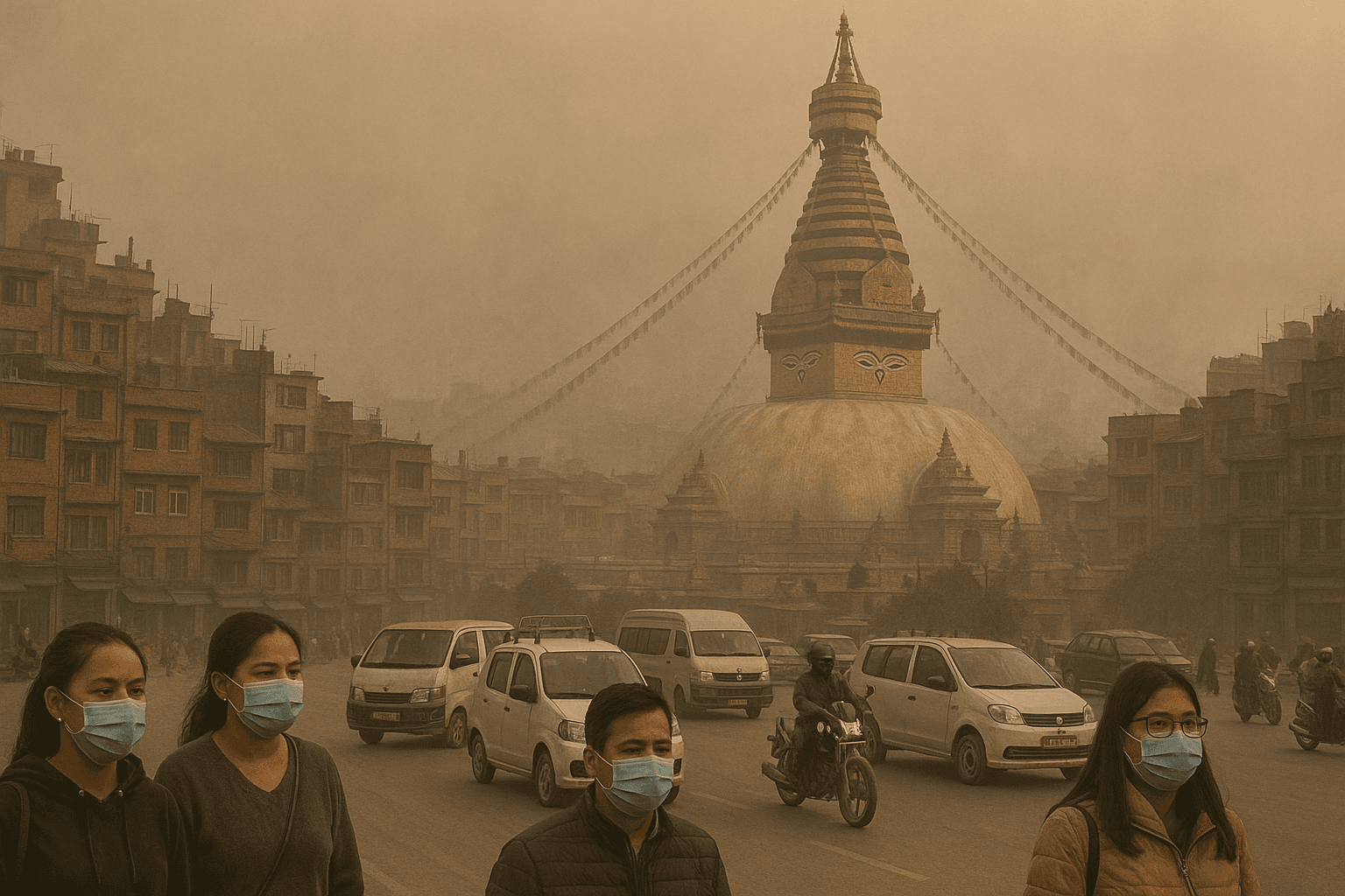 People wearing masks walk along a smog-covered street in Kathmandu with vehicles in the foreground and traditional temples barely visible through the haze.